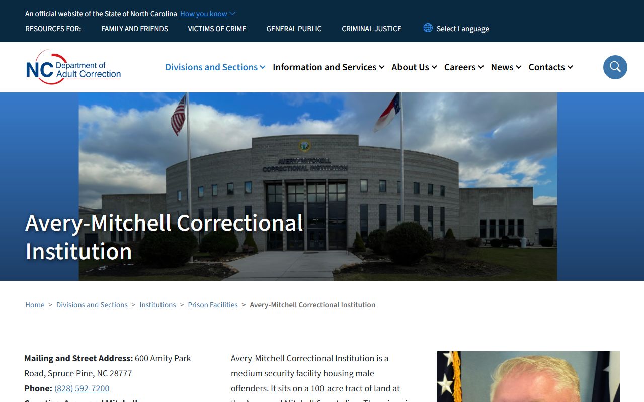 NCDAC Avery-Mitchell Correctional Institution page with address, capacity, custody level, warden, and programs