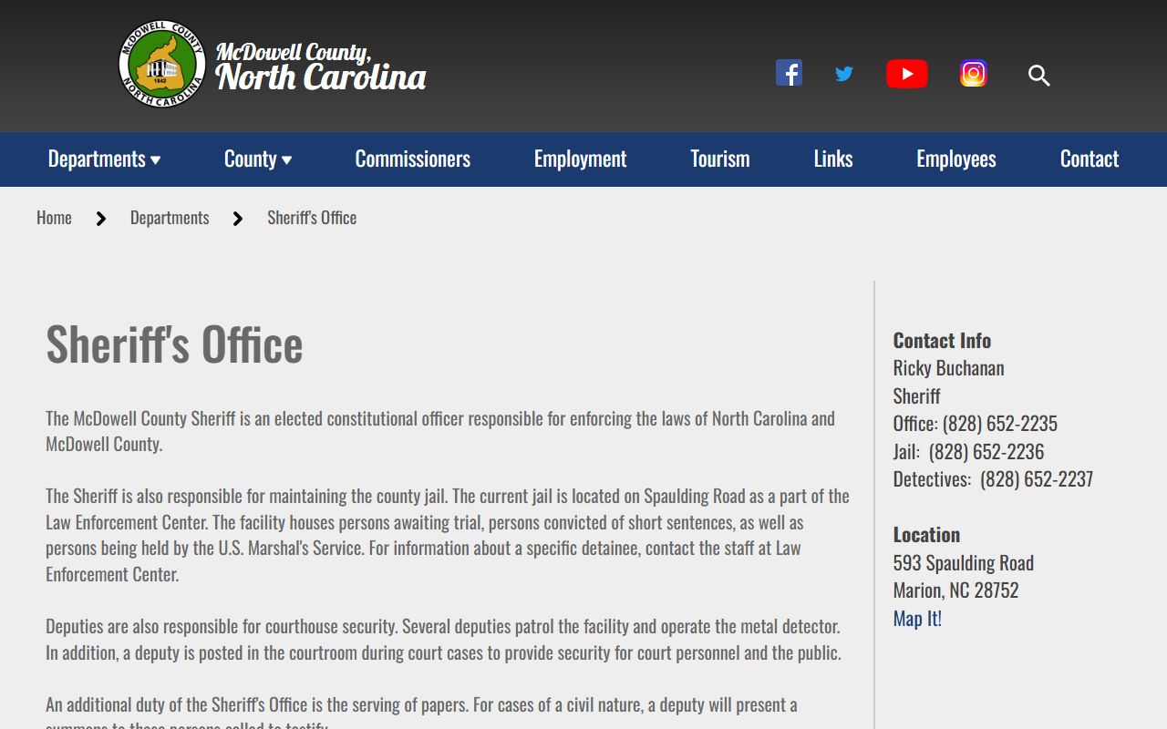 McDowell County government sheriff page describing the Spaulding Road jail and jail contact numbers