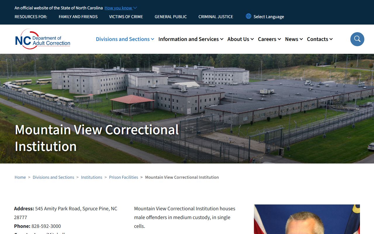 NCDAC Mountain View Correctional Institution page with address, capacity, warden, history, and legal-visit link